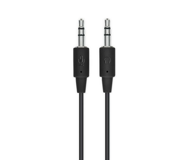 Two black audio cables with 3.5mm jacks, for microphone and headphones.