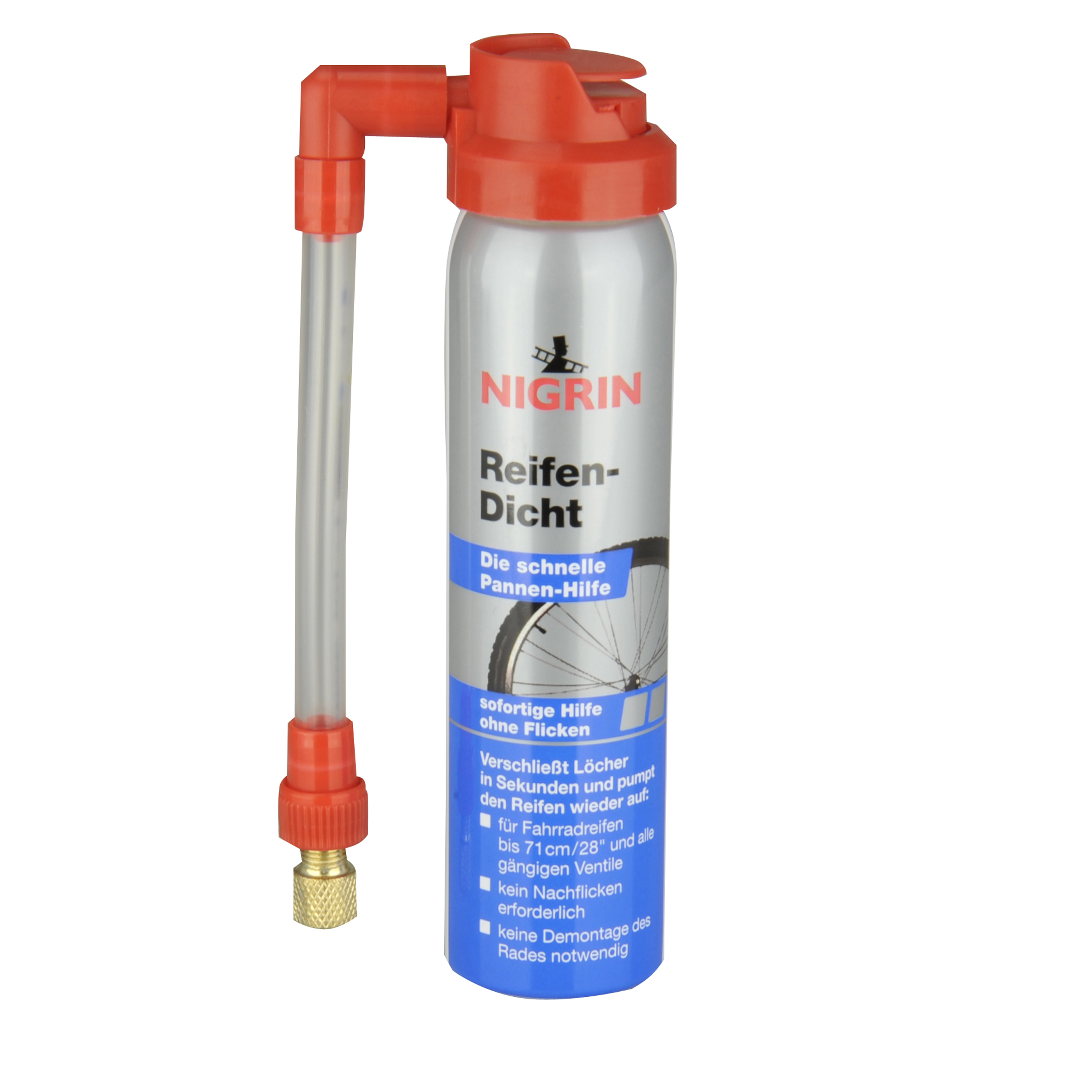 Sprühdose mit roter Düse. Titel: Reifen-Dicht. Hintergrund: weiß, mit Text und Reifenillustration.