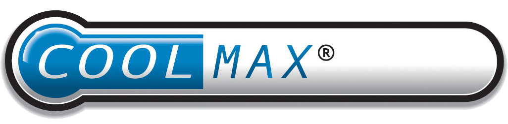 Ein weißes und blaues Logo mit dem Text „COOL MAX®“.