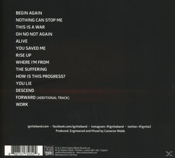 Rückseite einer CD mit Text. Text: Begin Again, Nothing Can Stop Me, This Is A War, Alive und mehr.