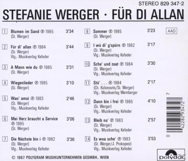Rückseite des Albums Für Di Allan von Stefanie Werger, mit Titelliste und Polydor-Logo.