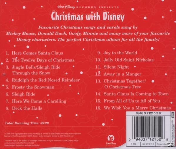 Weihnachten mit Disney CD-Rückseite. Titelliste auf rotem Hintergrund mit weißen Schneeflocken.