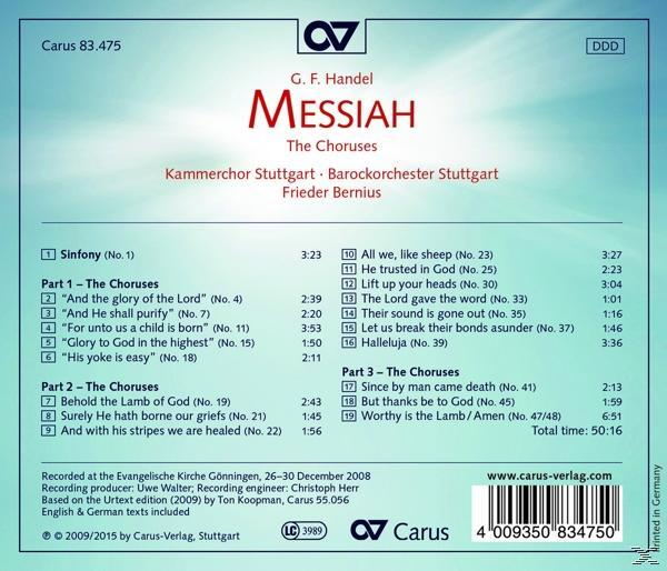 Die Rückseite einer CD-Hülle. Text listet Songs aus Händels Messias auf. Carus-Label und Gesamtspielzeit von 50:16.