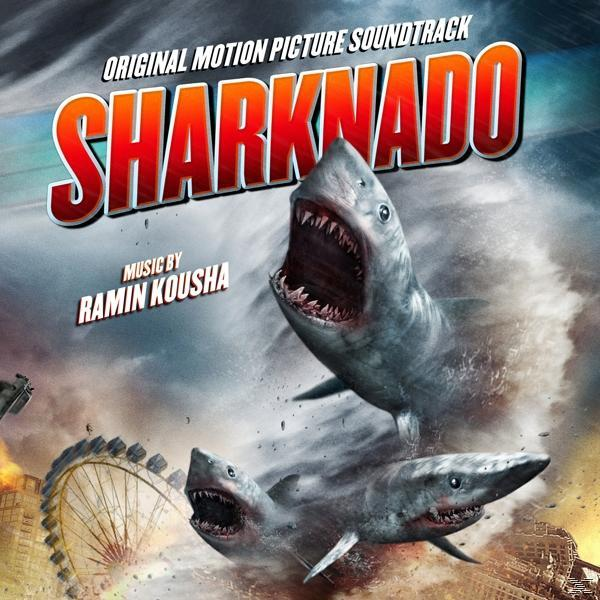 A 'Sharknado' film plakátja, cápákkal egy tornádóban. Világos, kaotikus és intenzív.
