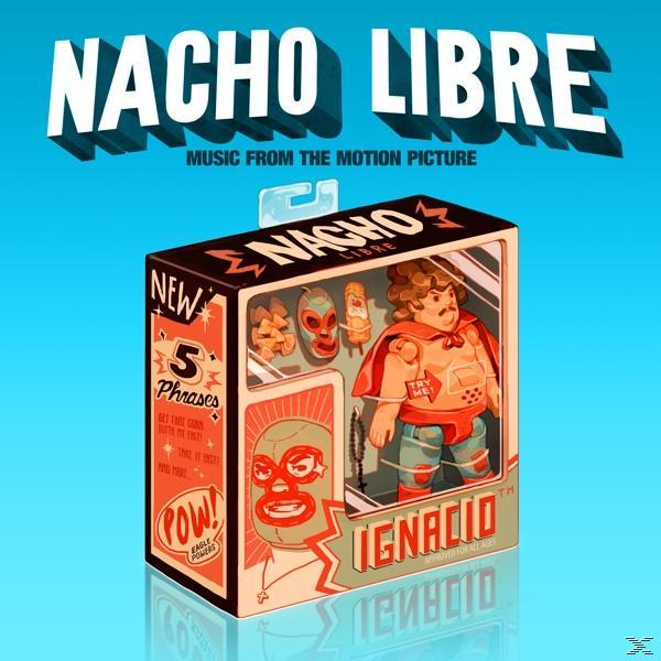 Nacho Libre játék egy dobozban, figurával és kiegészítőkkel, rajzfilm stílusban.