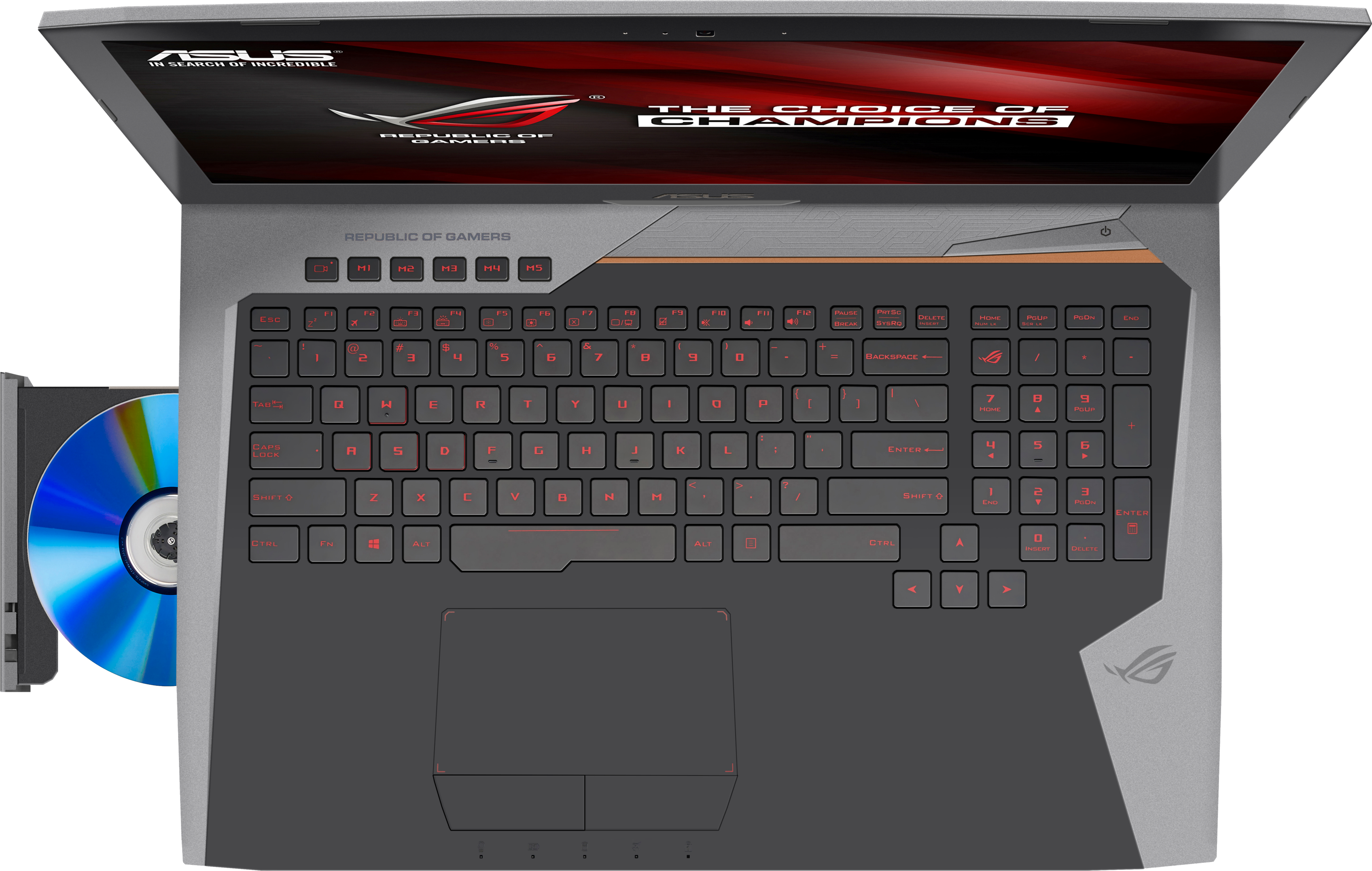 Draufsicht auf einen Laptop mit rot hinterleuchteter Tastatur, optischem Laufwerk und einer CD.