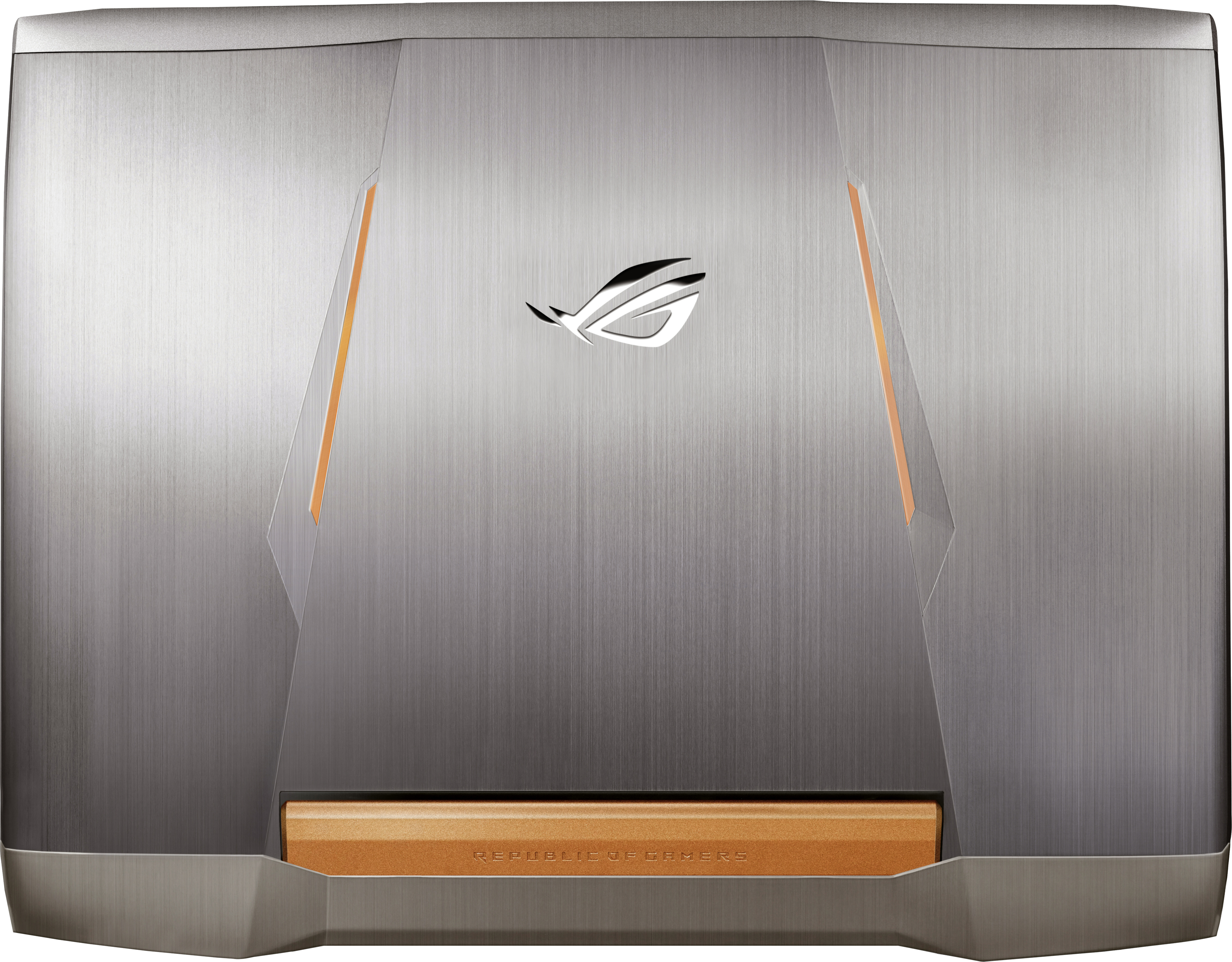 Nahaufnahme eines silbernen Laptops mit ROG-Logo und orangefarbenen Akzenten. Metallisches Finish. Brauner Balken unten.