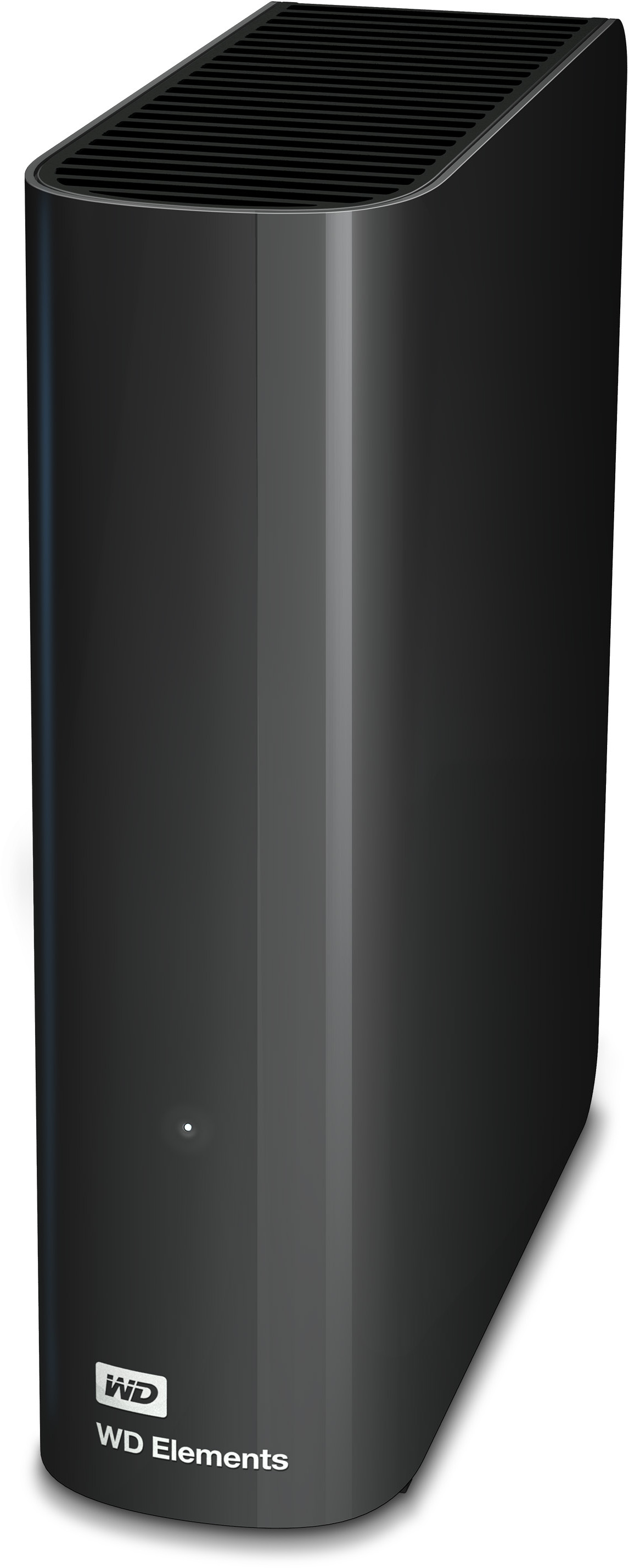 Disque dur externe WD Elements noir. Forme verticale, rectangulaire.