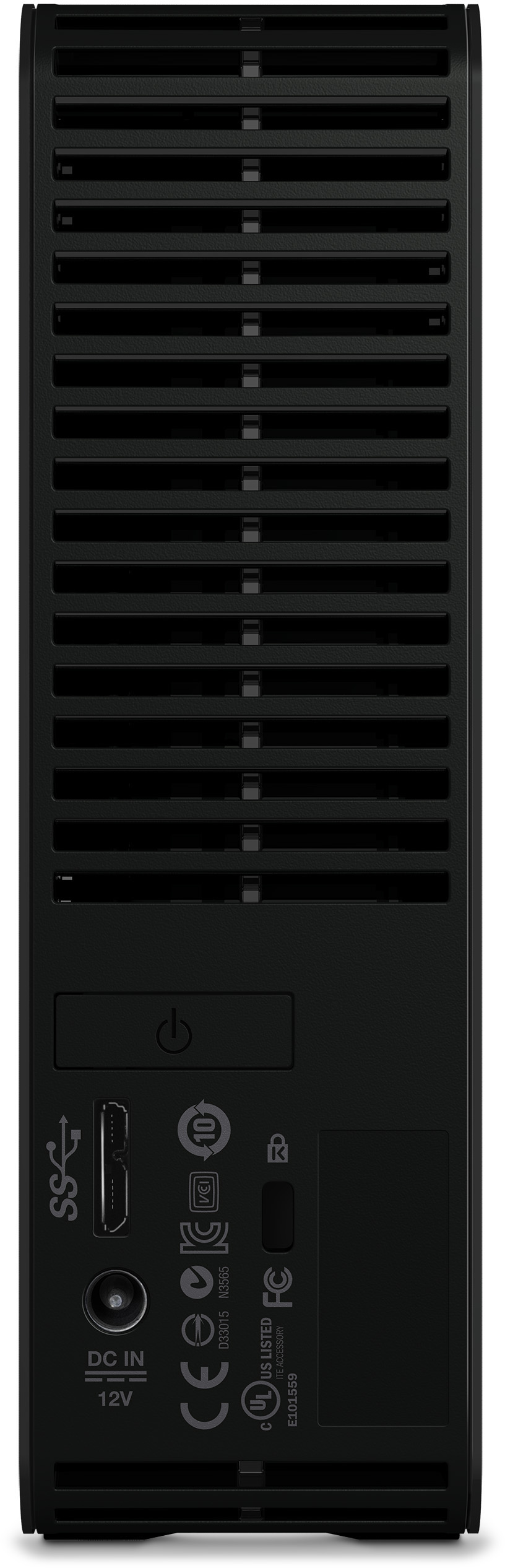 Disque dur externe noir avec ports et bouton d'alimentation à l'avant. Orientation verticale.