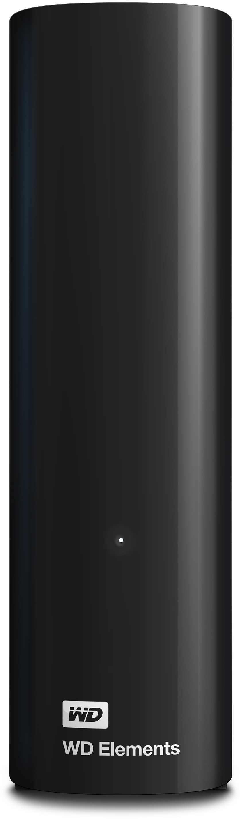 Disque dur externe WD Elements noir. Vertical, finition brillante, avec le logo WD en bas.