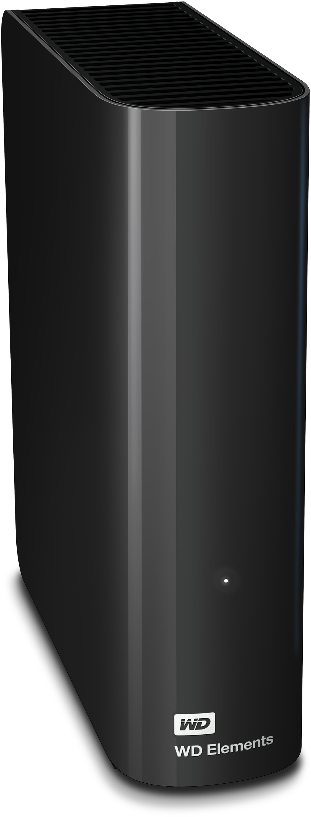 Un disque dur externe vertical noir avec une finition lisse et brillante. Le logo 'WD' et 'WD Elements' sont visibles.