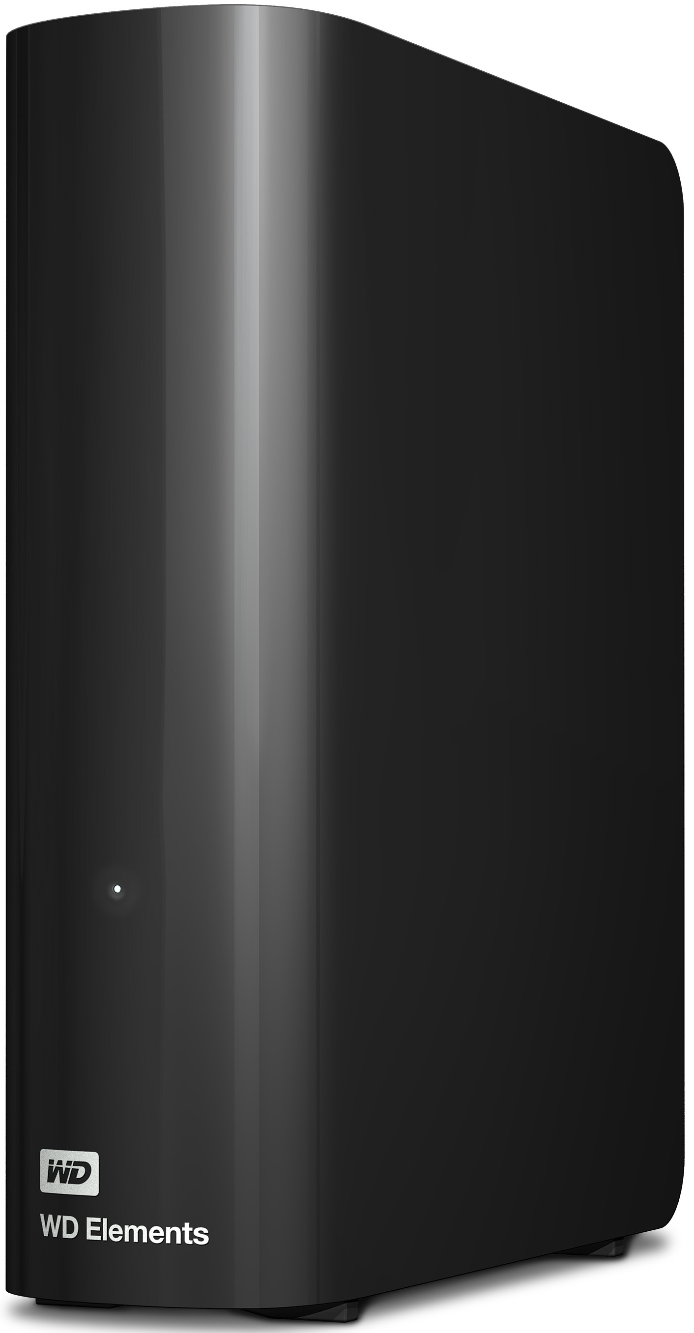 Disque dur externe WD Elements noir. L'appareil est brillant et sur une surface blanche.