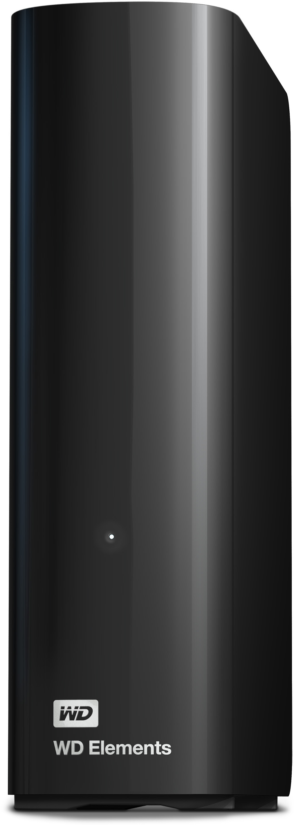 Un disque dur externe WD Elements noir, avec une lumière blanche et le texte WD Elements.