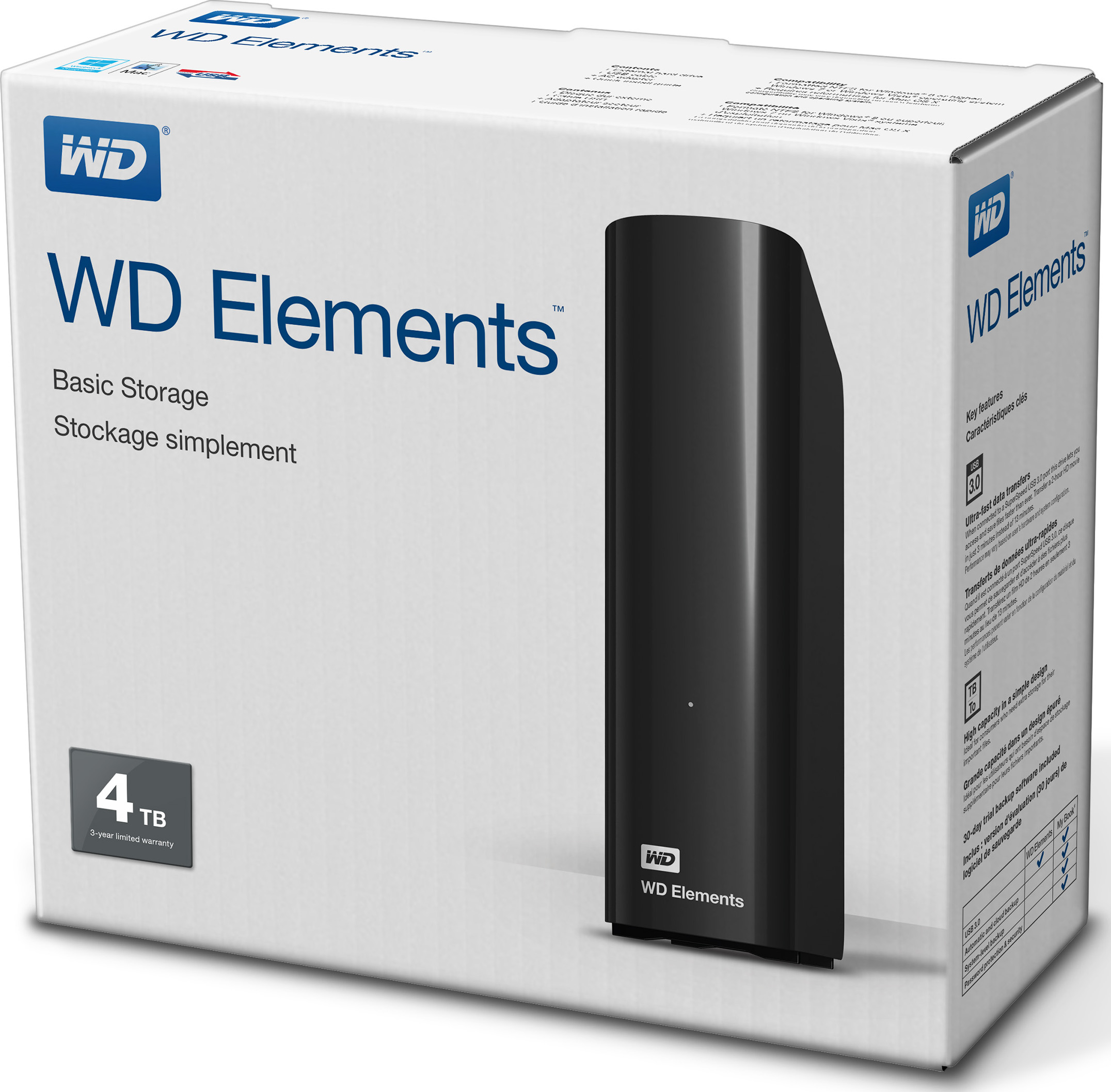 Boîte de disque dur externe WD Elements blanche et grise avec un disque dur noir visible.