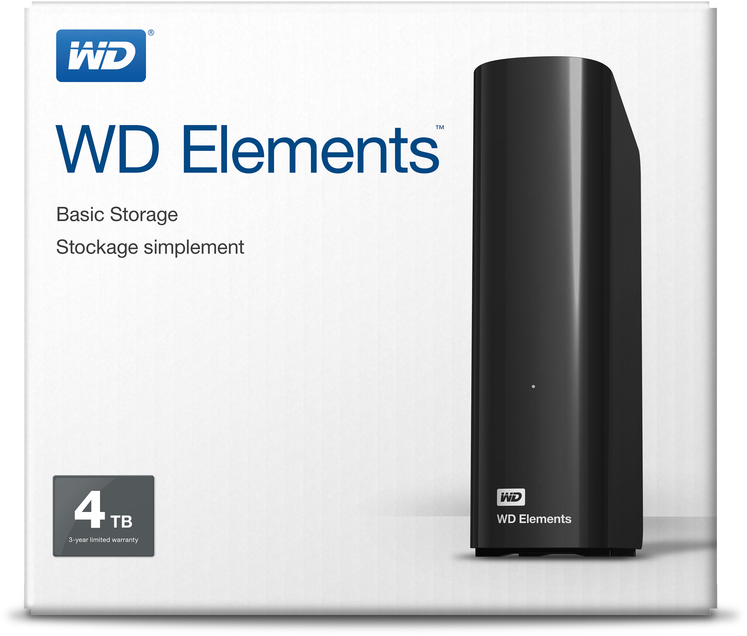 Une boîte blanche avec un disque dur externe noir, les mots 'WD Elements' et une étiquette de 4 To.