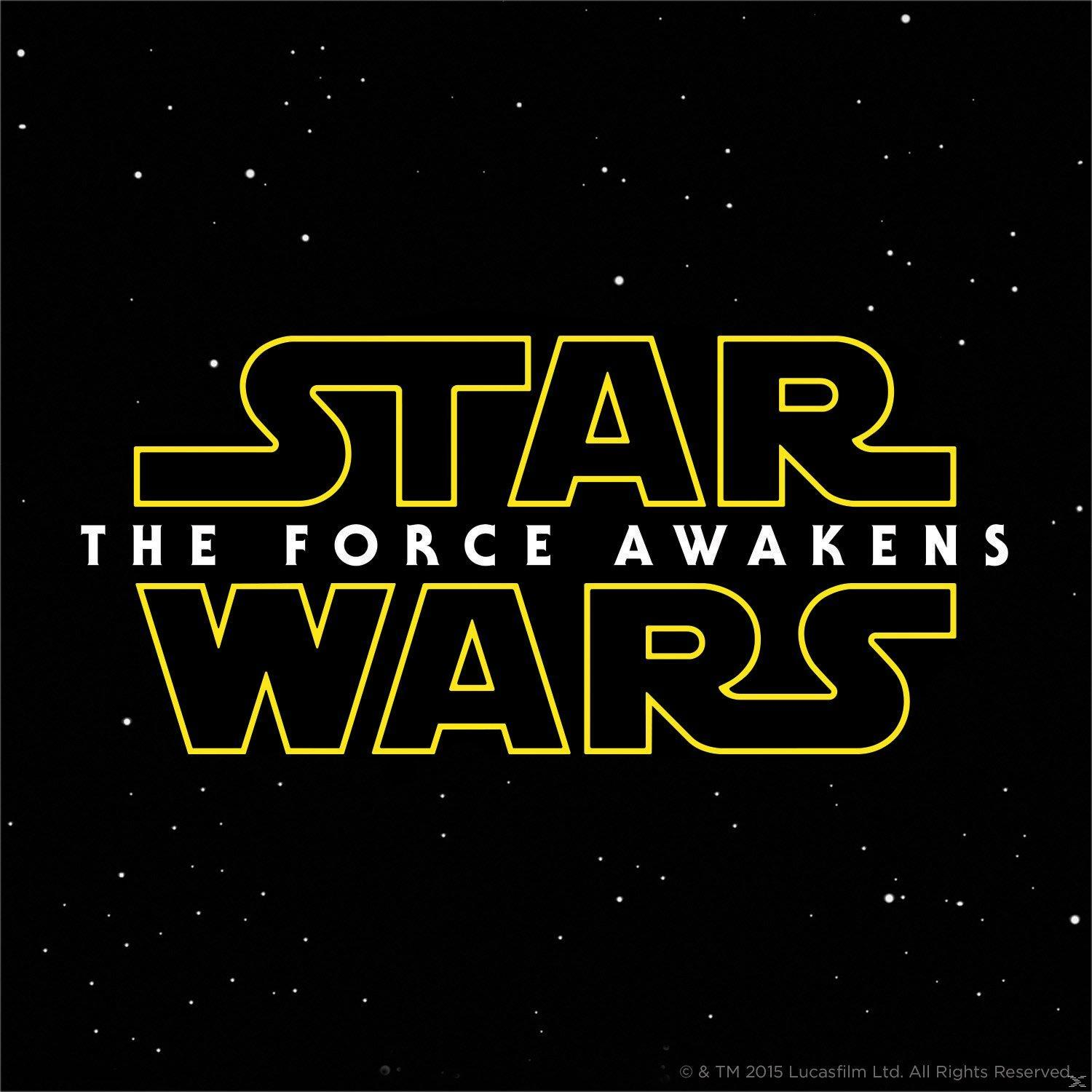 Star Wars logó, a 'The Force Awakens' felirattal fekete háttéren, csillagokkal.
