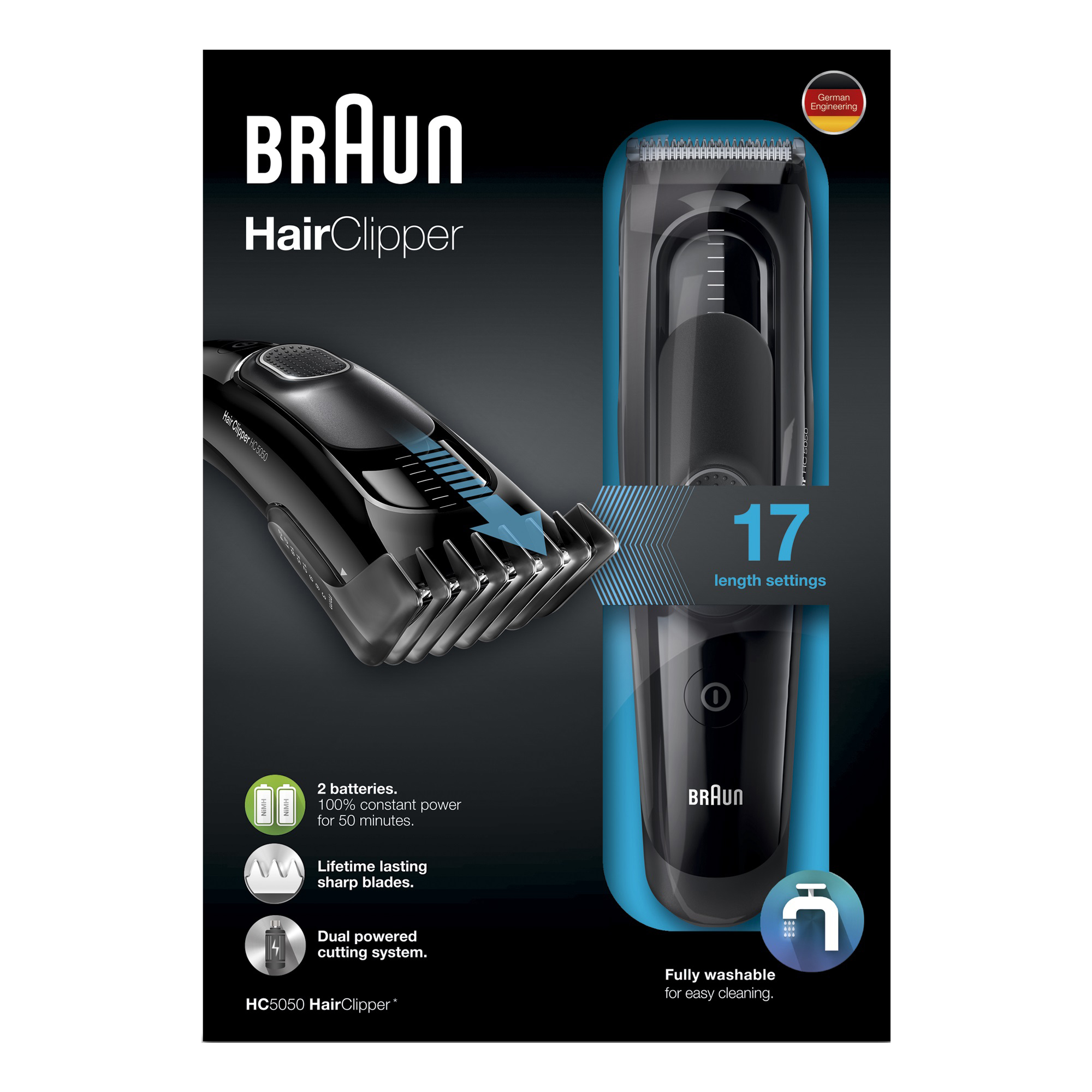 Braun Haarschneider Verpackung. Ein schwarzer Clipper, 17 Längeneinstellungen und Text auf weißem Hintergrund.