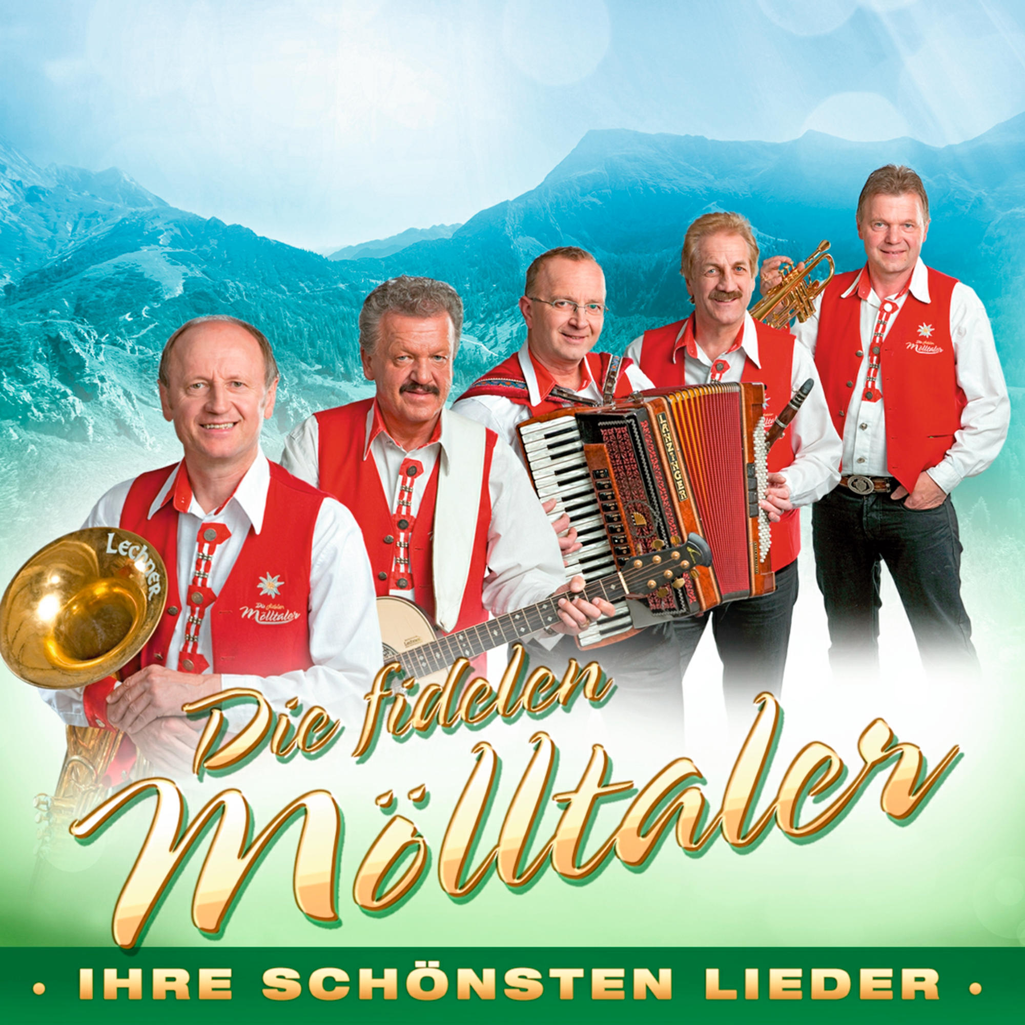 Albumcover mit einer Band aus fünf Männern in roten Westen, die vor einer malerischen Kulisse Musikinstrumente spielen.