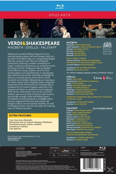Blu-ray-Cover von Verdi & Shakespeare, Macbeth, Otello und Falstaff. Text und Bilder auf blauem Hintergrund.