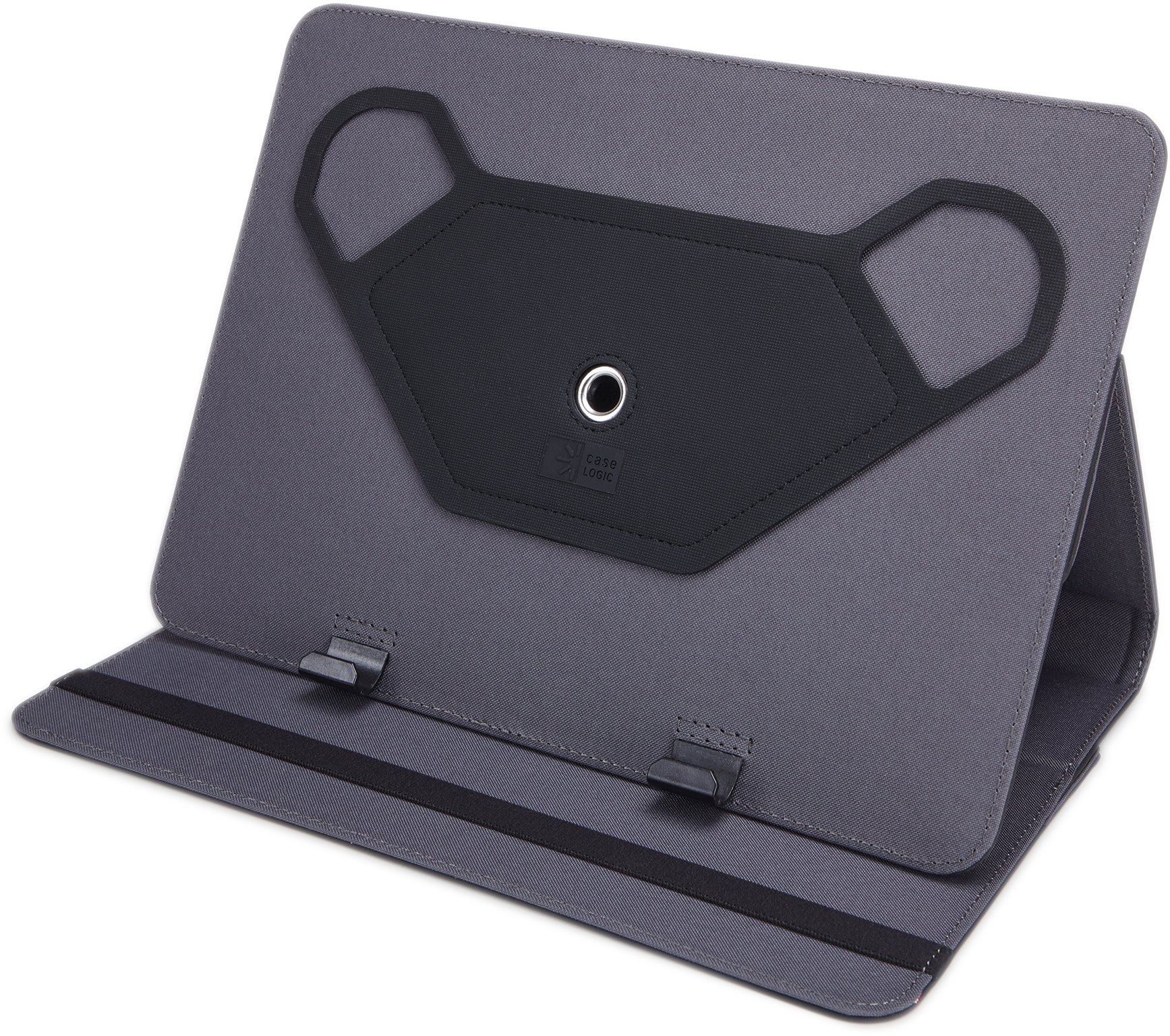 Een grijze tablethoes met een zwarte riem en een zwarte houder. De hoes ligt op een wit oppervlak.