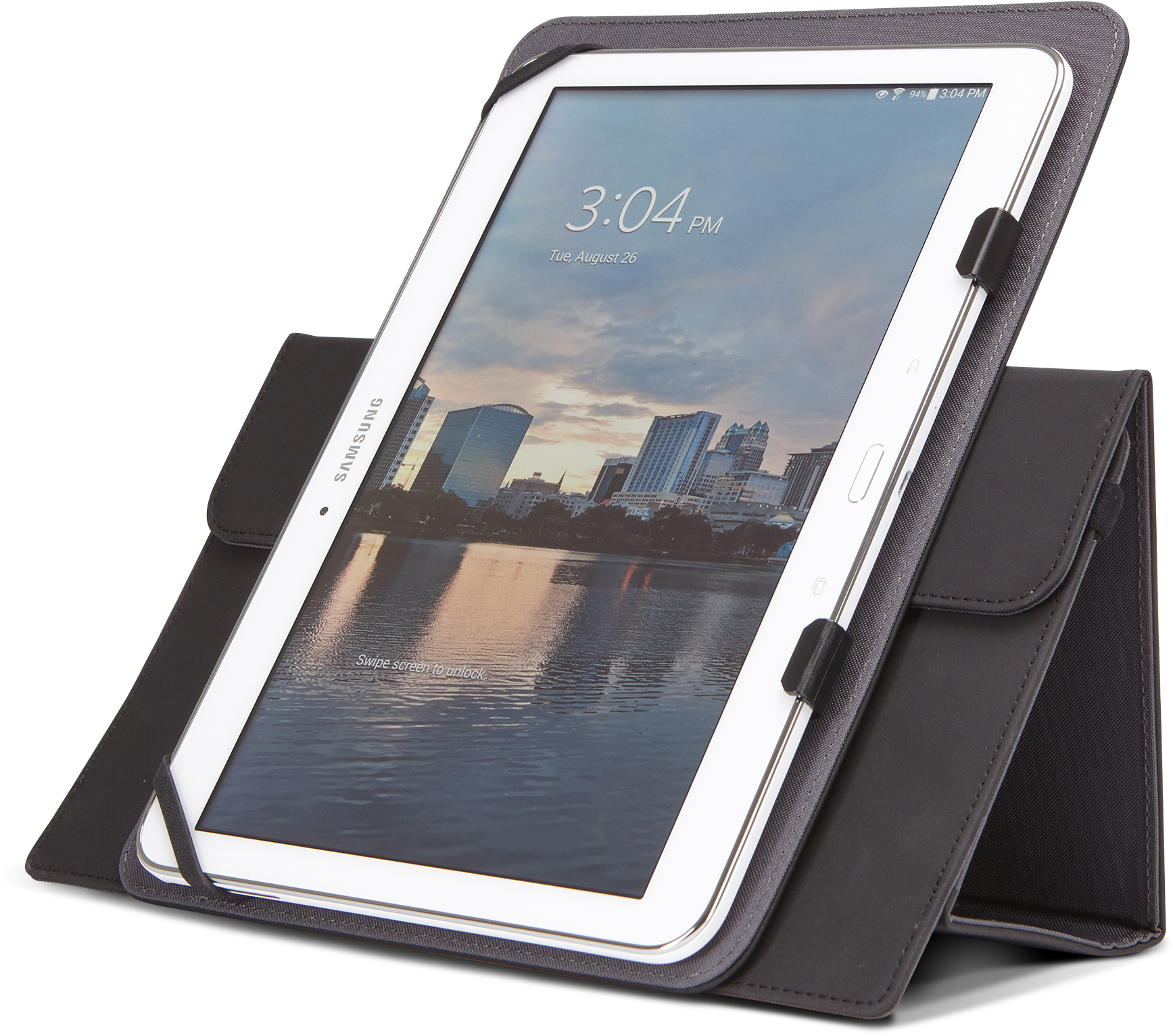 Tablet op een standaard, grijze en zwarte hoes, die een scherm toont.