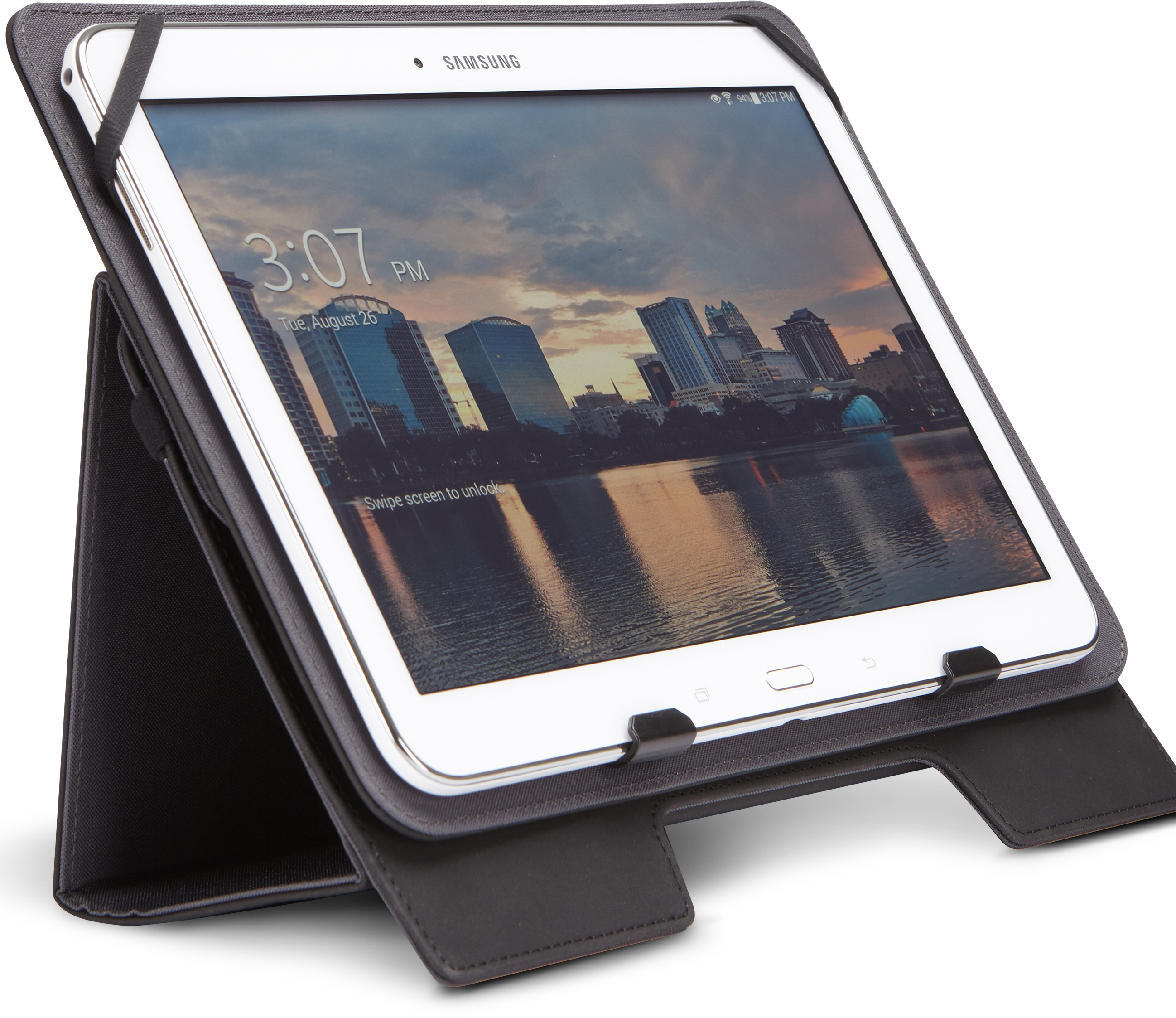 Tablet in een standaard, met een stadsgezicht op het scherm om 15:07 uur.