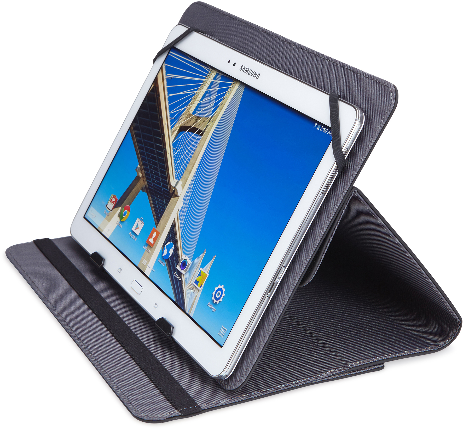 Een tablet in een hoes, schuin geplaatst. Het scherm toont een brugscène.