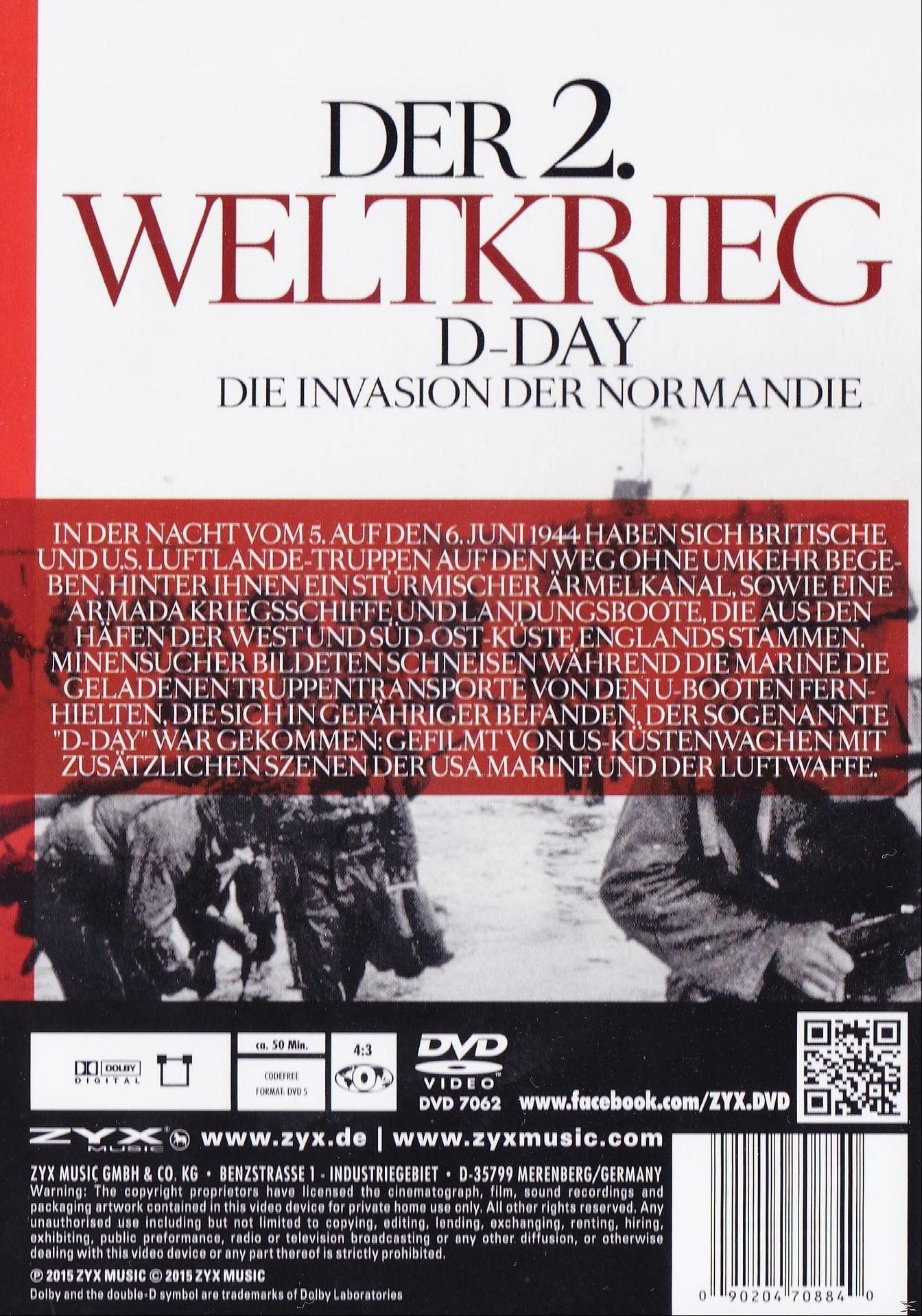 DVD-Cover für 'Der 2. Weltkrieg D-Day' mit Kriegsbildern und Text auf Deutsch. Das Cover ist ein Graustufenbild.