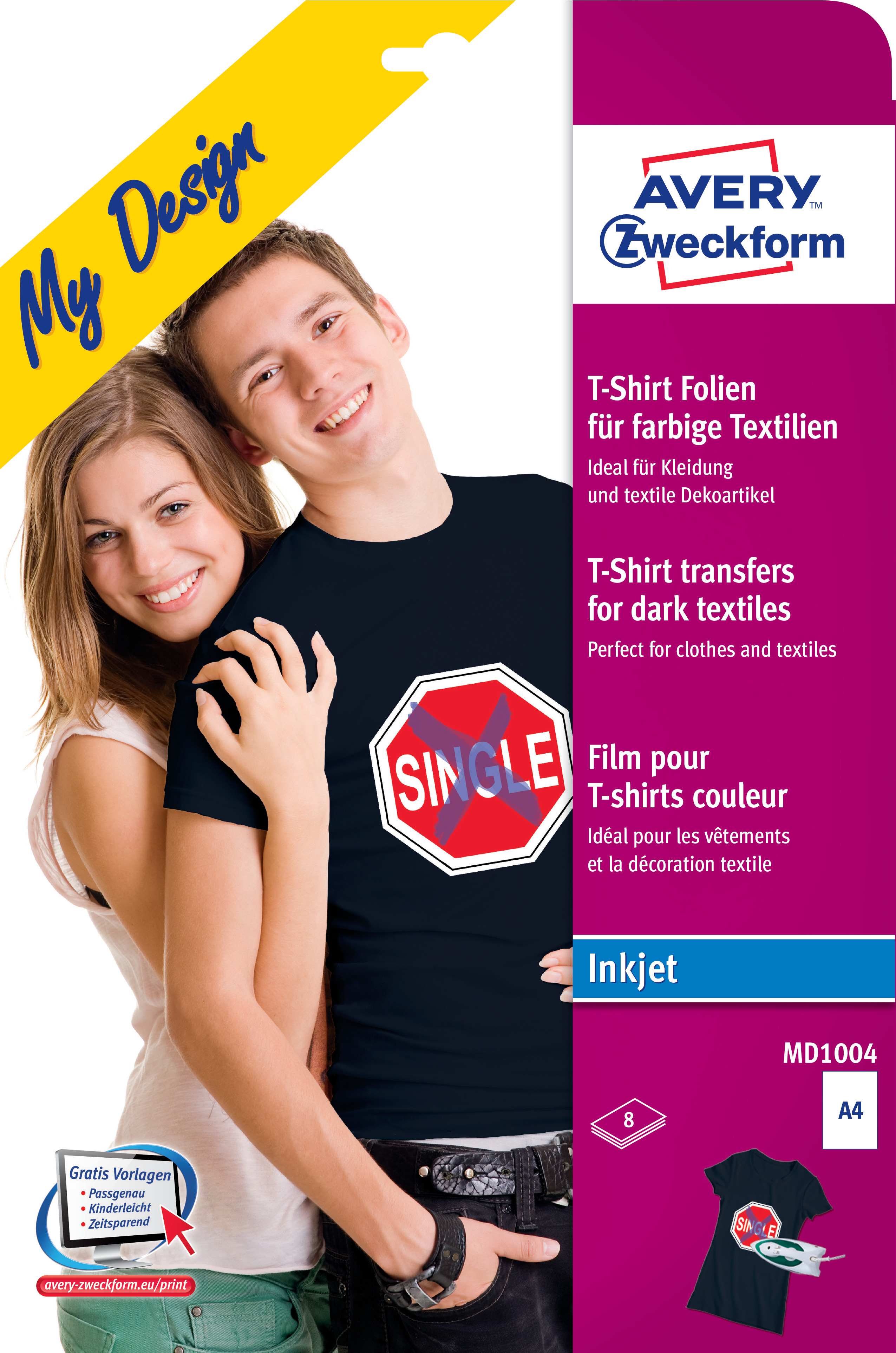 Avery Zweckform T-Shirt Transfer Pack. Es zeigt einen Mann und eine Frau mit einem T-Shirt-Design.