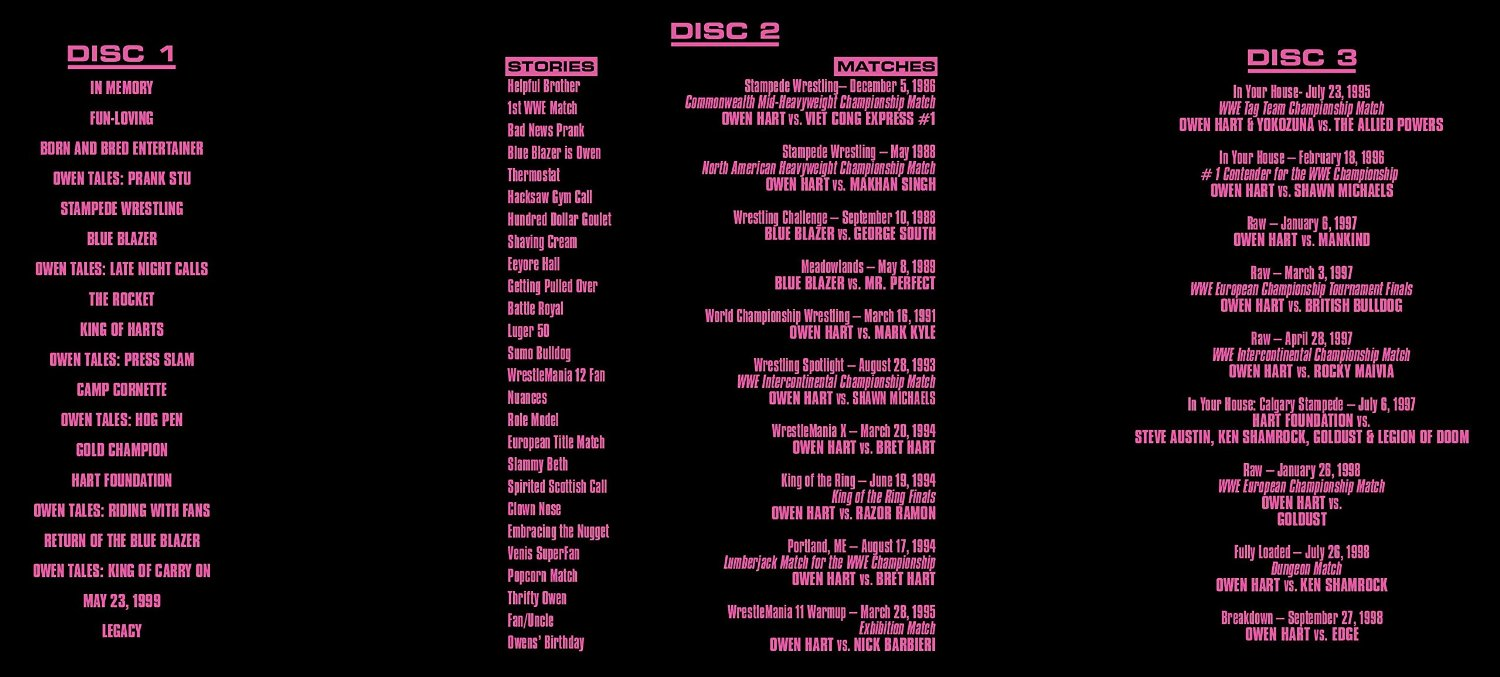 Eine Liste von Matches und Geschichten aus der Wrestling-Show. Es ist auf einem schwarzen Hintergrund geschrieben.