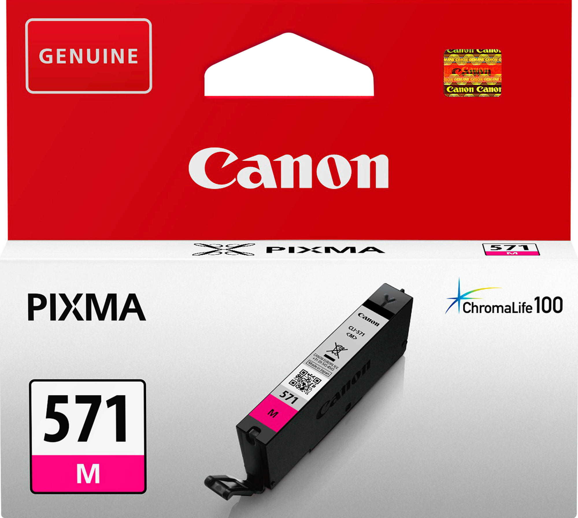 Wkład z tuszem magenta Canon Pixma 571 M w pudełku. Na górze marka Canon.