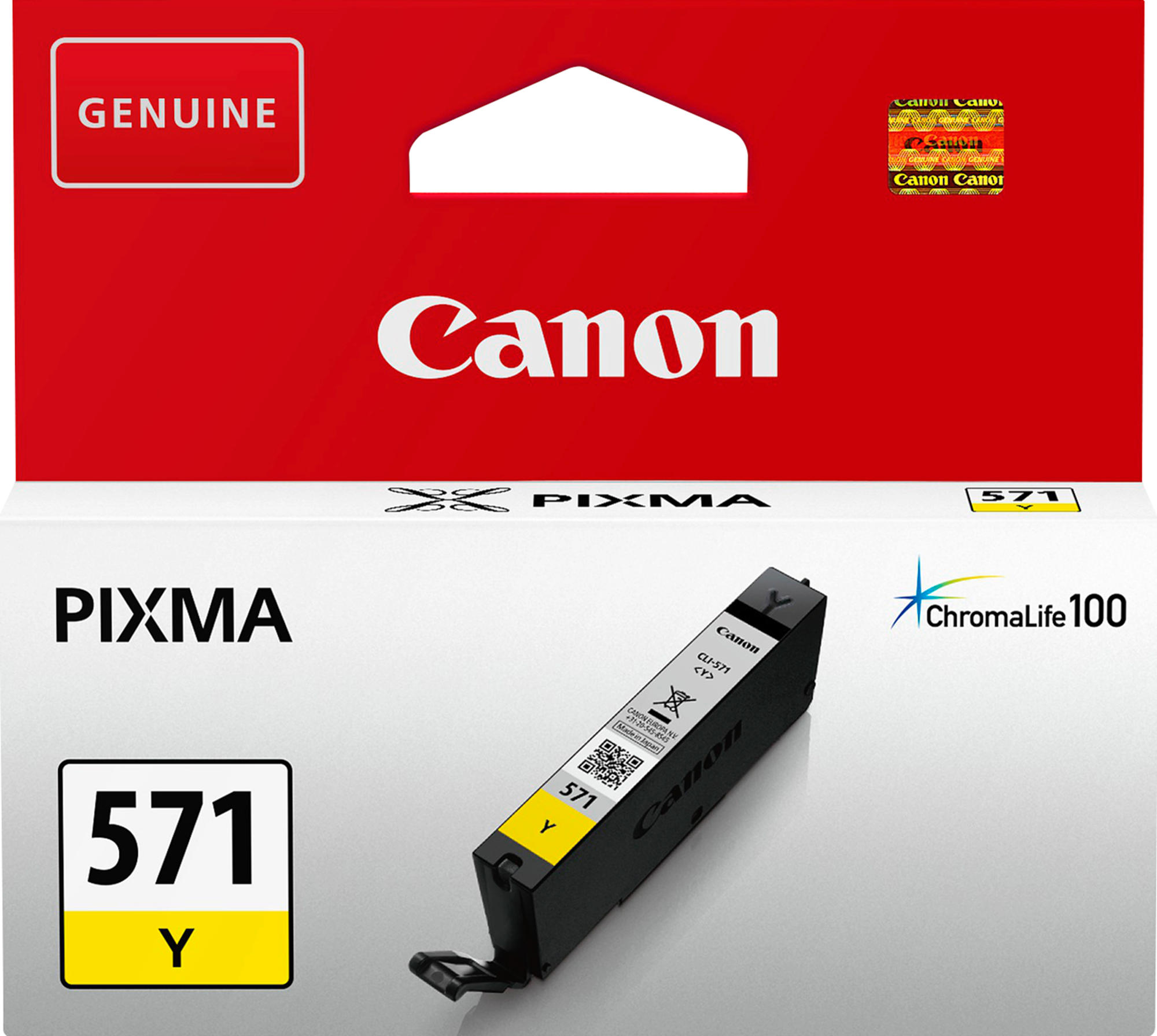 Żółty wkład atramentowy Canon 571Y w czerwono-białym pudełku, etykieta 'Genuine', nadruk 'PIXMA 571 Y'.
