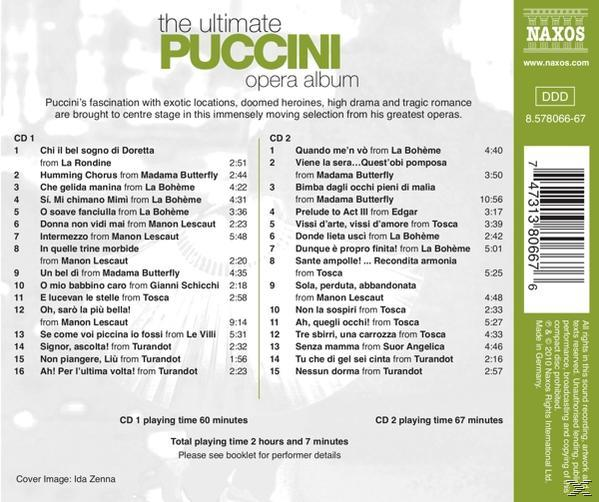 Rückseite der CD-Hülle. Text: The Ultimate Puccini Opera Album. Titelliste rechts. Grüner Hintergrund.