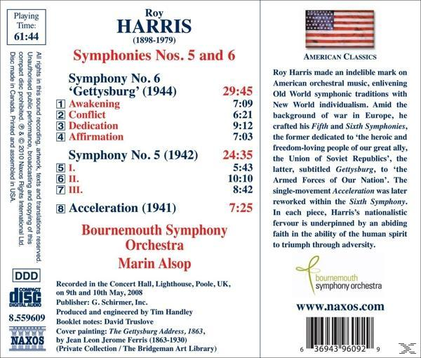 CD-Cover mit Text über Roy Harris und seine Sinfonien. Eine amerikanische Flagge in der oberen rechten Ecke.