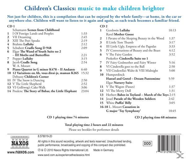 Egy CD tok hátulja. Szöveg: Gyermekklasszikusok: zene, hogy a gyerekek ragyogjanak. Dallista. Fehér háttér.