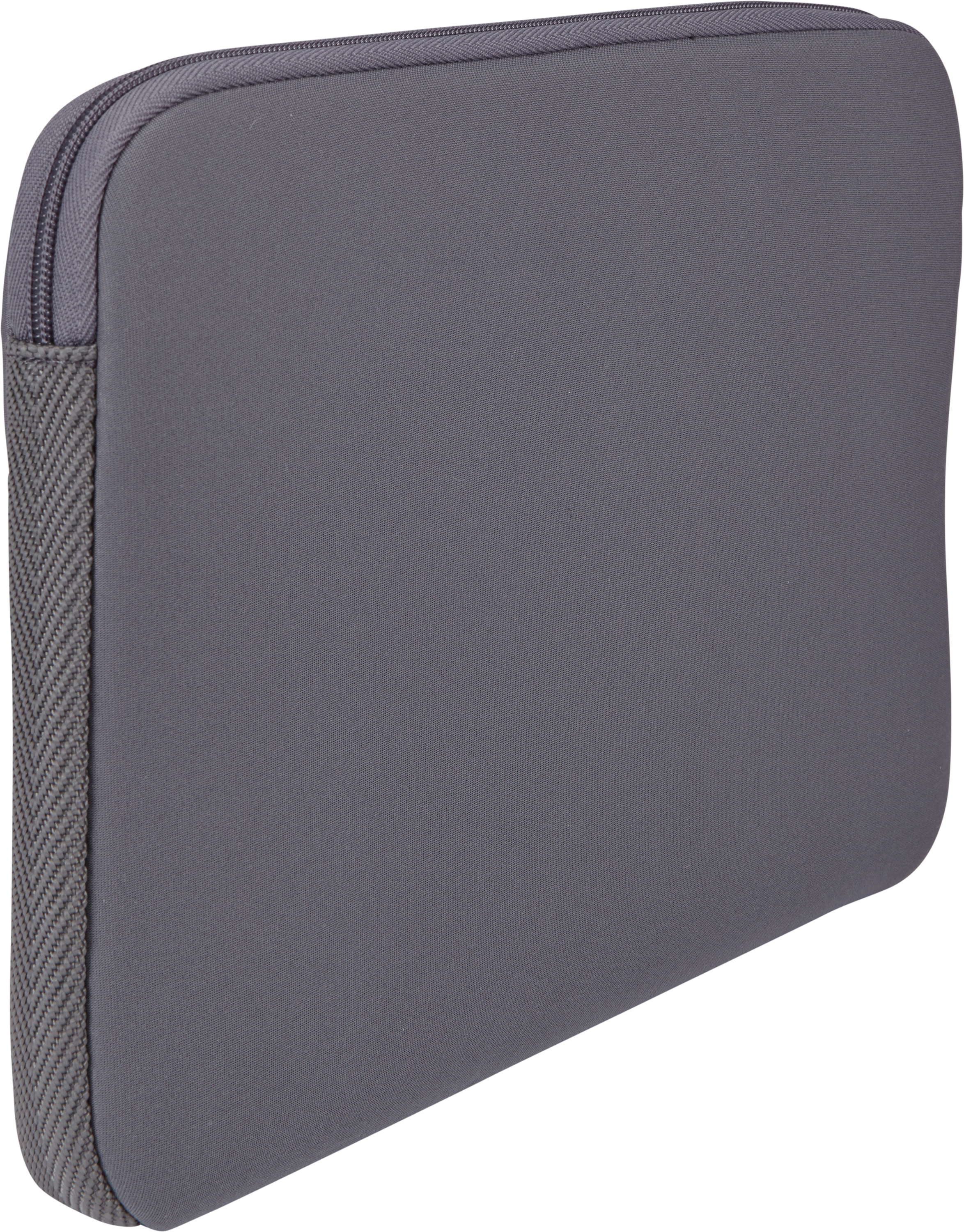 Graue Laptop-Hülle aus Neopren. Reißverschluss auf der linken Seite, mit grauem Besatz.