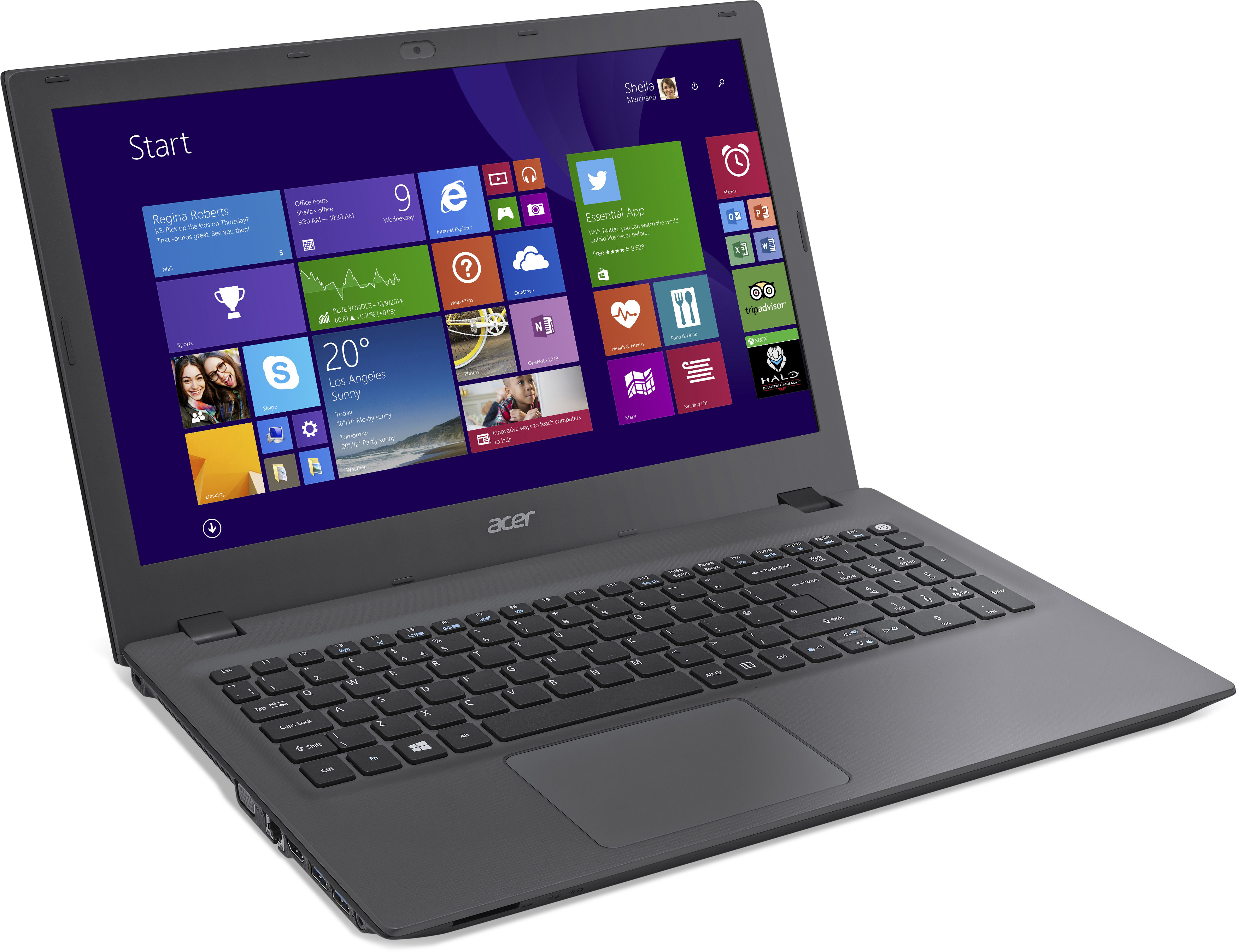 Schwarzer Acer Laptop, geöffnet, zeigt die Windows 8 Oberfläche. Der Hintergrund ist weiß. Tastatur und Trackpad sichtbar.