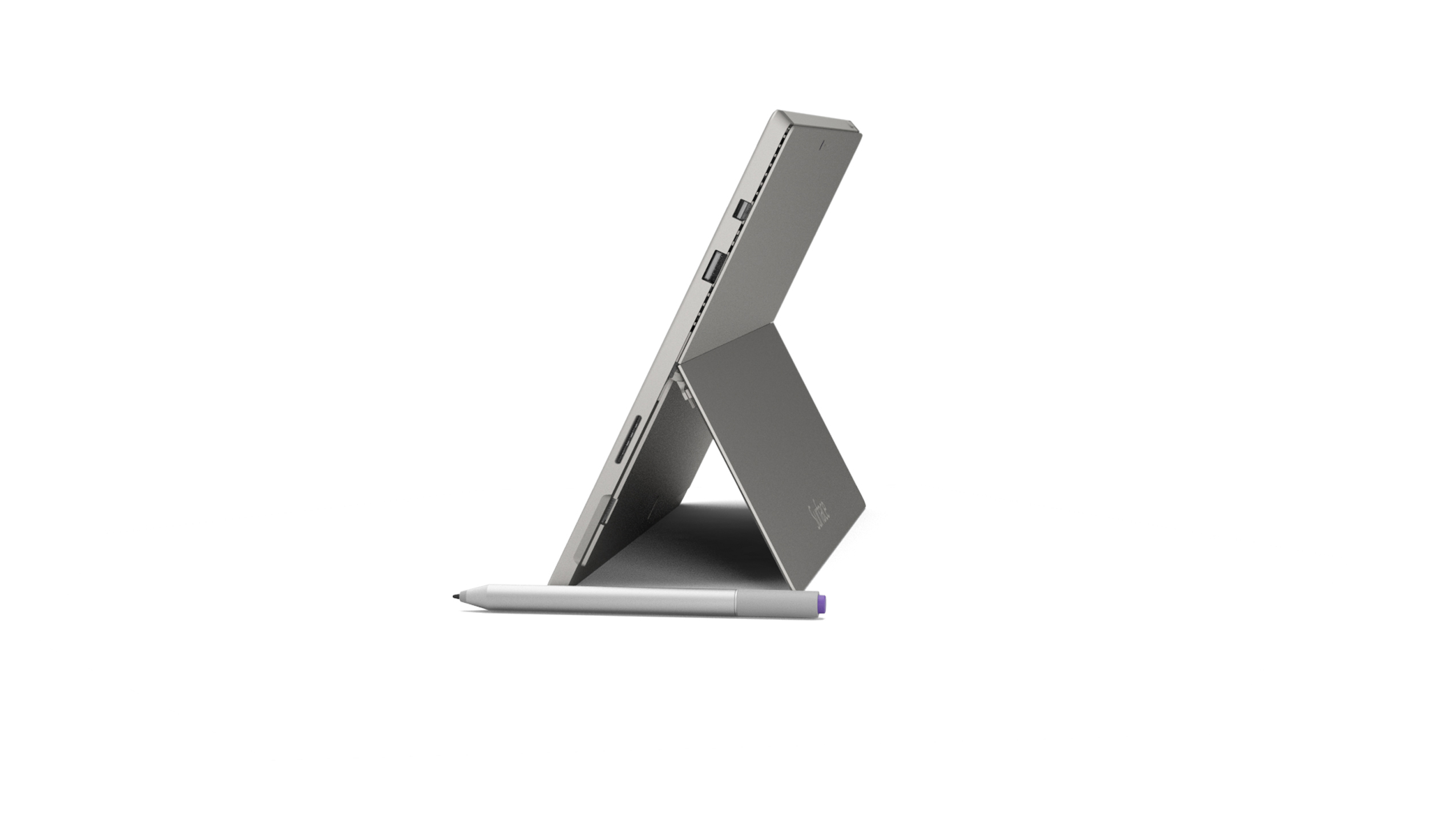 Silbernes Tablet mit Ständer und Stift auf weißem Hintergrund. Das Tablet ist abgewinkelt.