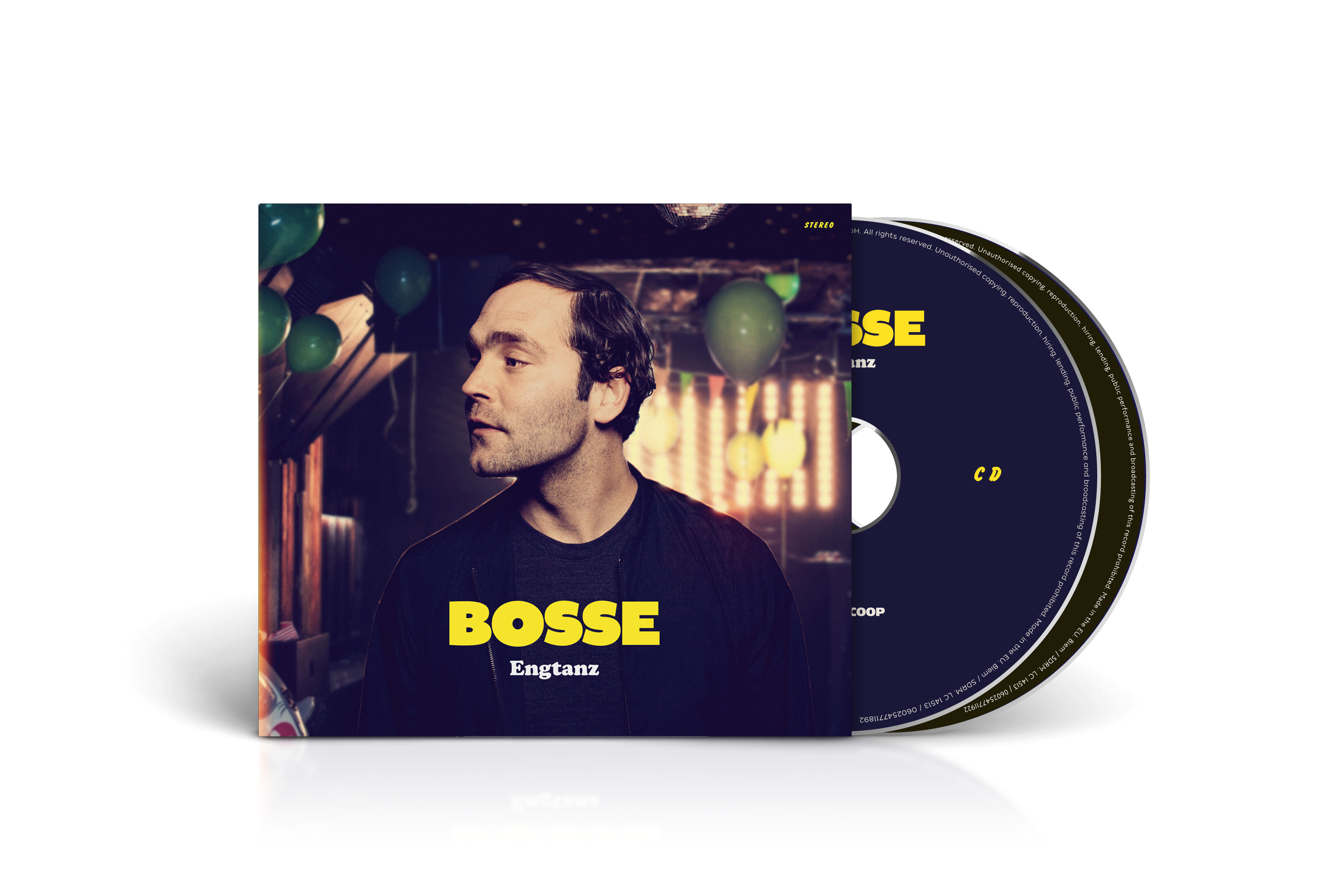 CD-Cover: Ein Mann schaut nach links, mit dem Wort 'Bosse' und 'Engtanz' auf dem Cover. Grüne Ballons.
