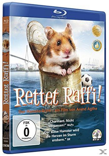 DVD-Cover von 'Rettet Raffi!'. Ein Hamster ist in einer Dose auf dem Wasser, mit einer Brücke im Hintergrund.