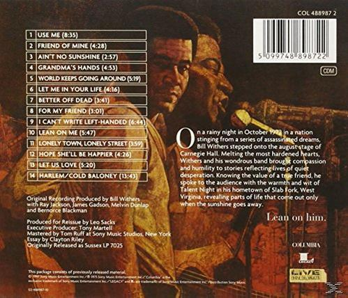 Album-Rückseite mit einem Live-Performance-Foto von Bill Withers, Titelliste und Text werden angezeigt.