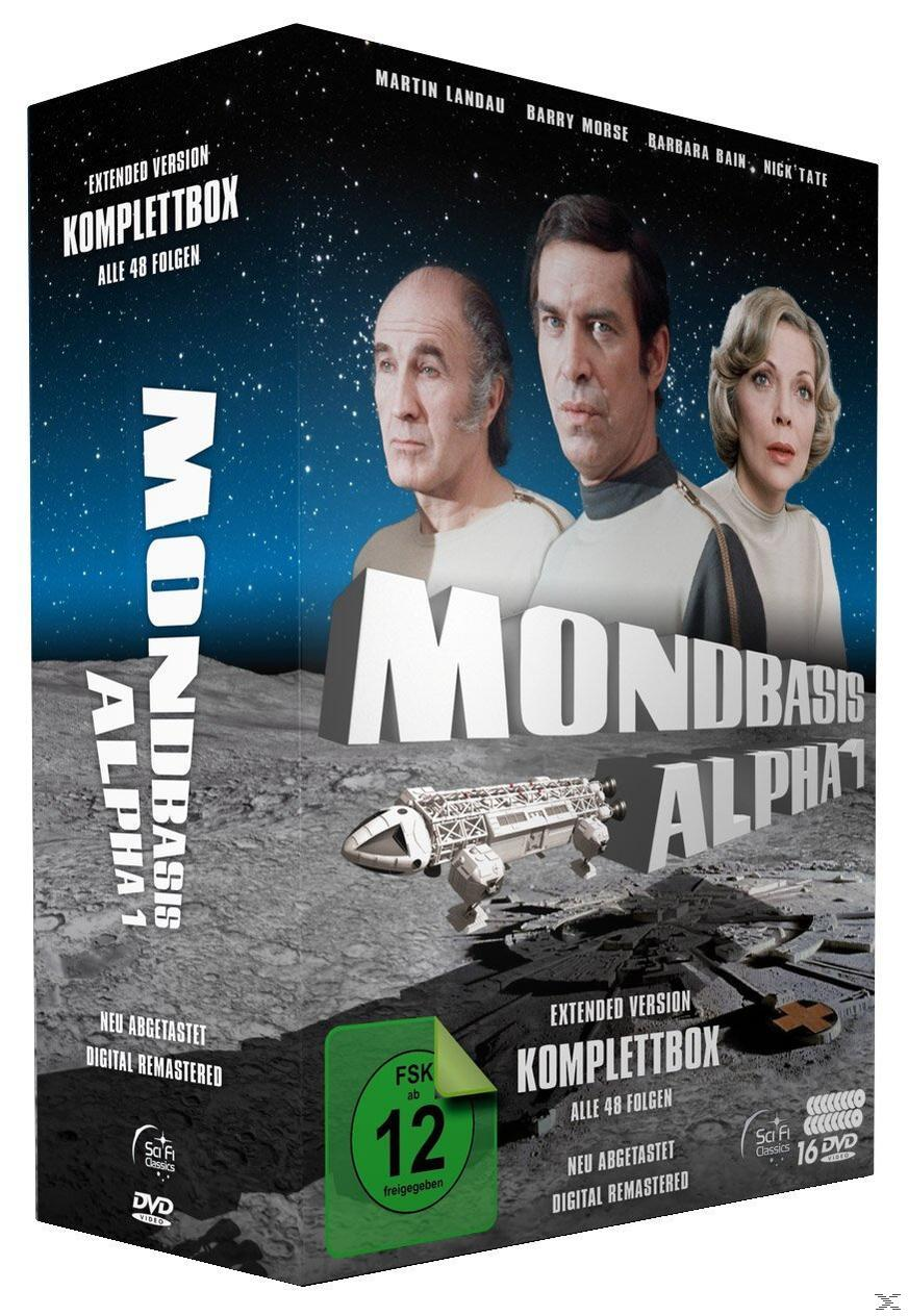 DVD-Box-Set für 'Mondbasis Alpha 1', zeigt Gesichter von Schauspielern, Raumschiff und Titeltext auf Mondoberfläche.