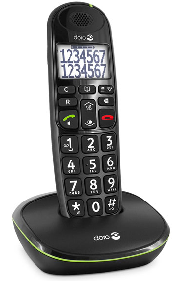 Zwarte Doro-telefoon op het oplaadstation. Het heeft een digitaal display en een numeriek toetsenbord.