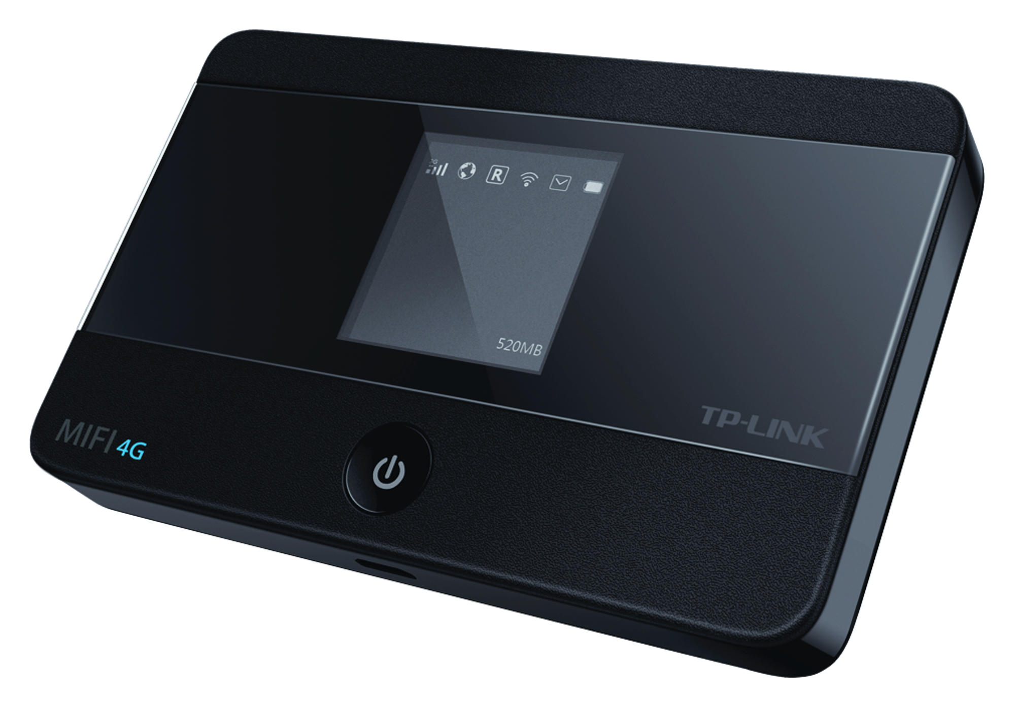 Czarny router TP-Link MiFi 4G z małym ekranem, przyciskiem zasilania i białym tłem.