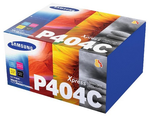 Samsung P404C Druckerpatronenbox. Mehrere Farben und ein Sonnenblumenbild.