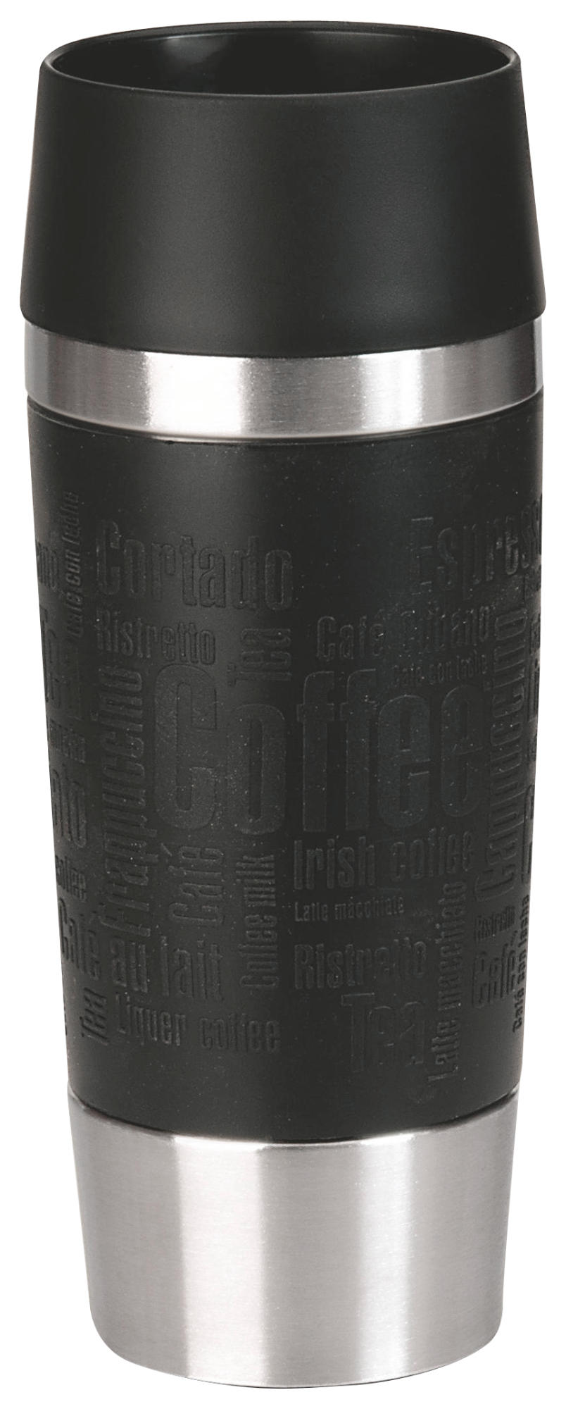 Schwarzer Reisebecher mit metallischem Band. Text 'Coffee', 'Espresso' und andere kaffeebezogene Wörter sind auf dem Becher sichtbar.