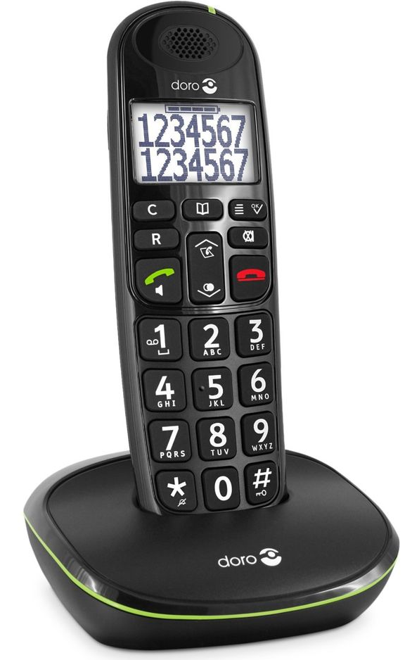 Zwarte Doro-telefoon op zijn basis, met grote nummerknoppen en een scherm.