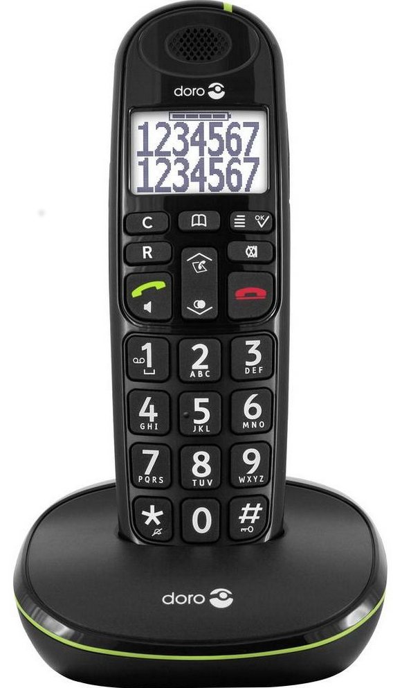 Zwarte draadloze telefoon met cijfertoetsen, scherm met cijfers en ronde basis.