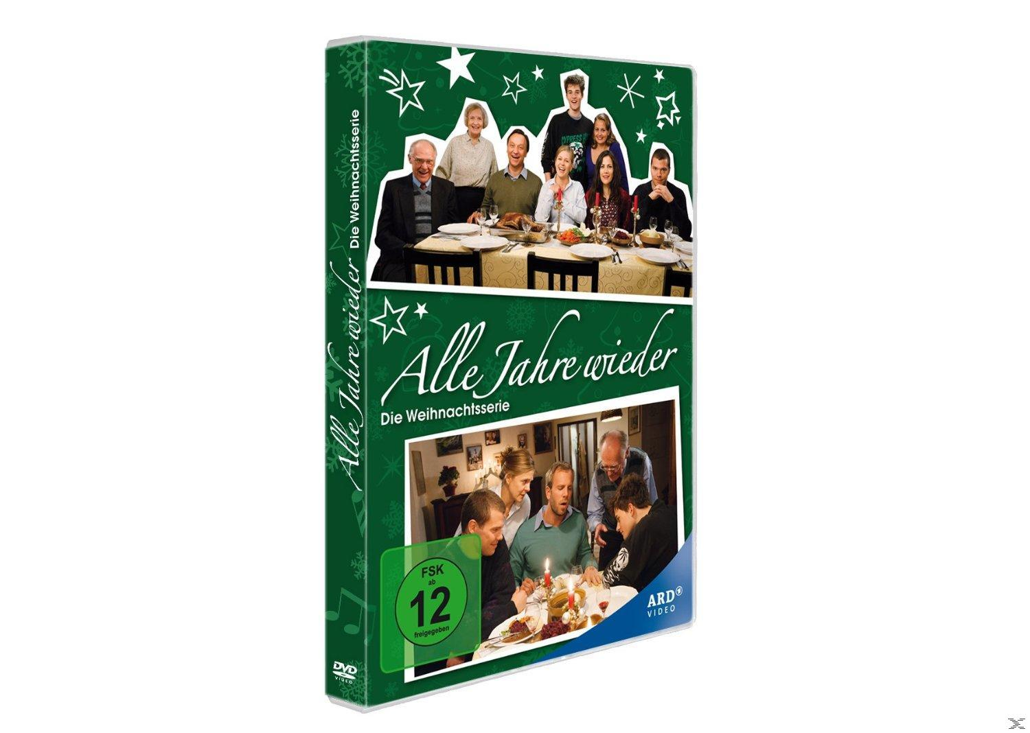 DVD-Cover mit mehreren Personen an einem Tisch. Der Titel lautet Alle Jahre wieder. Das Cover ist grün.