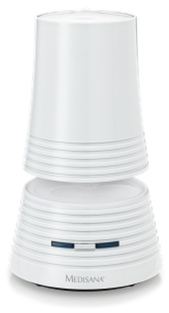 Purificateur d'air blanc, deux parties empilées. Le bas est plus large.